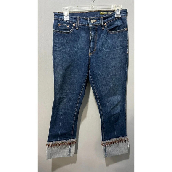 Vtg Y2K Womens Blue Fringe Gems Capri Crop Denim Jeans 8 Hamilton Dungaree - Picture 4 of 13